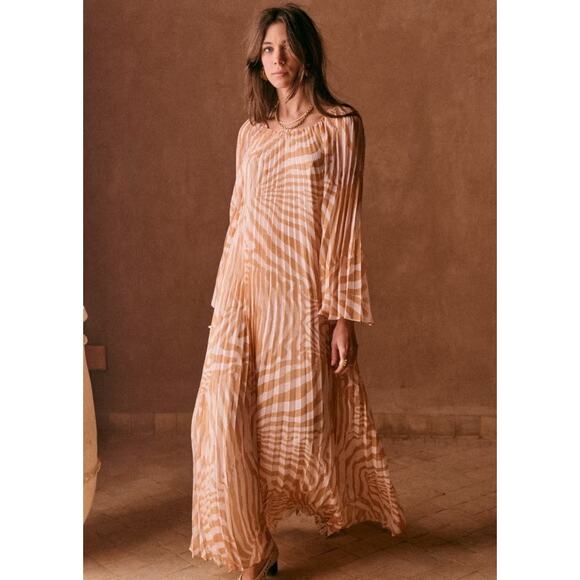 Sezane Julietta Women Dress Summer A-Line Pleated Long Trapeze Sleeve Maxi 38 6 - Picture 1 of 8